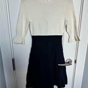 Ted Baker Dyana Cream and Black Fit and Flare Dress with Cuffed Ruffle Sleeves